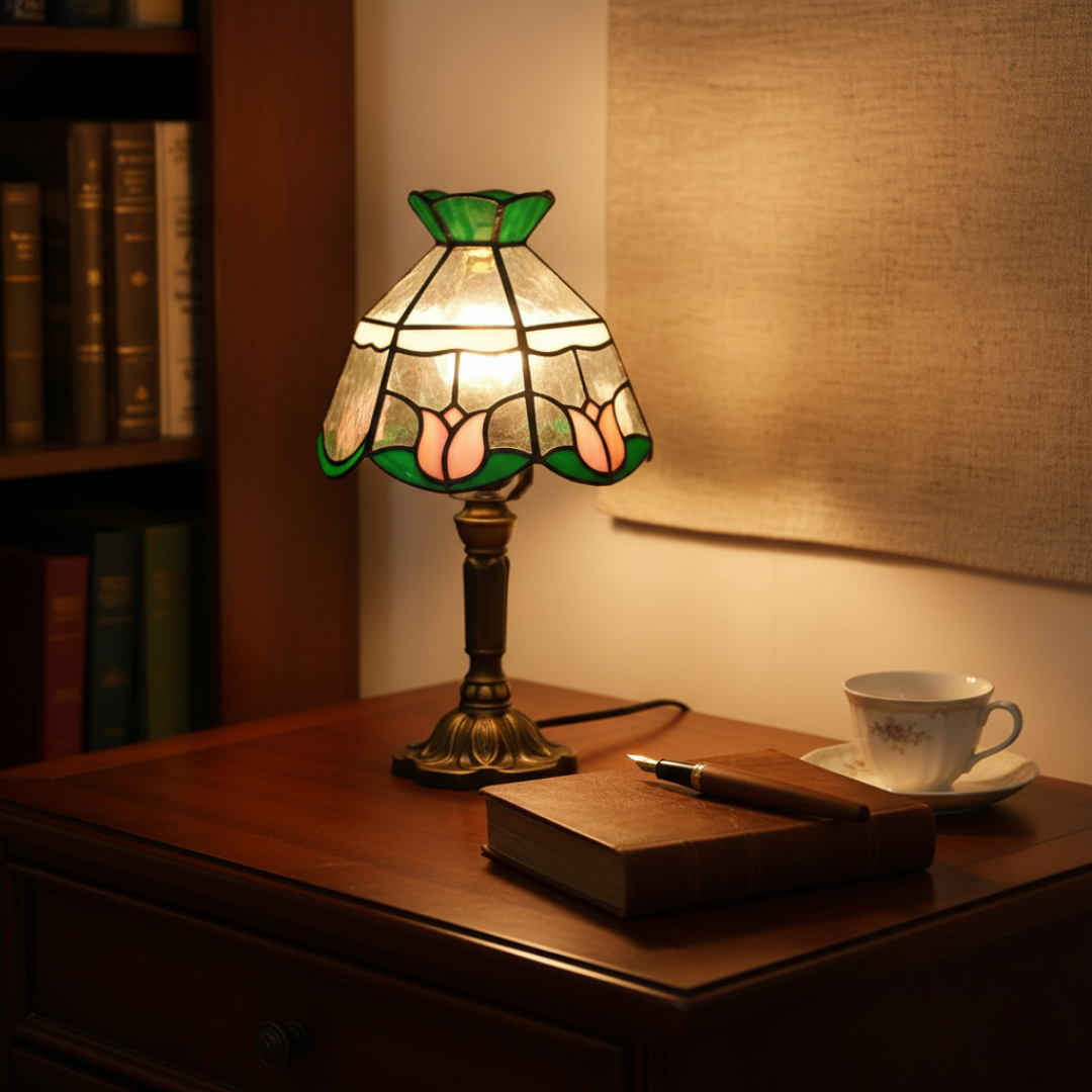 Antik Barokk Asztali LED Lámpa - Üveg Vitrázs Stílusú Világítás